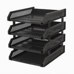 Side view of the four-layer desktop storage rack holding office files.