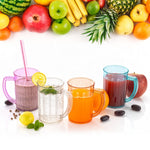 Stack of clear plastic handled drinking cups, showing their versatile design.