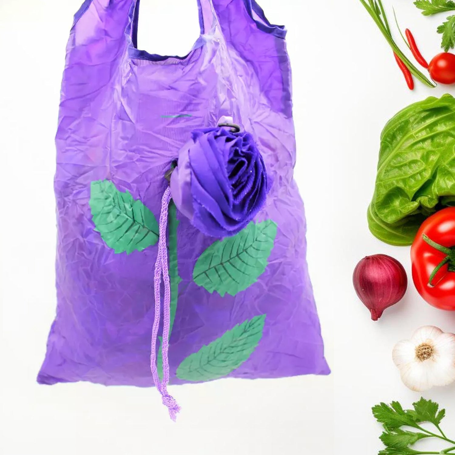 Spacious nylon shopping bag with a beautiful rose pattern, ready for your groceries.