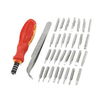 Magnetic screwdriver set components including driver, extension, and multiple precision bits.