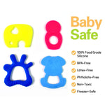 Yellow silicone teether with an easy-to-grasp handle for infant hands.