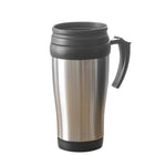 Stainless steel insulated coffee mug with lid and ergonomic handle.