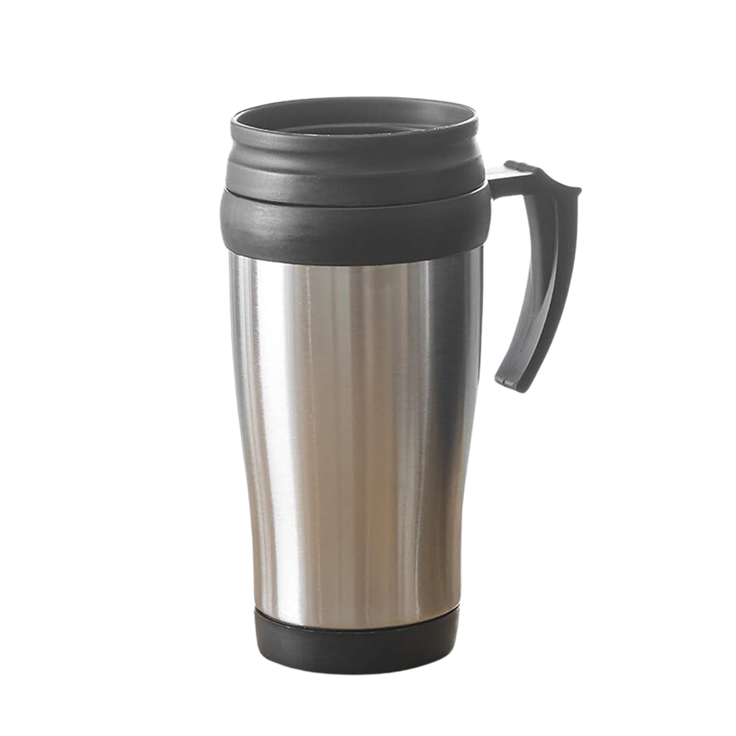 Stainless steel insulated coffee mug with lid and ergonomic handle.