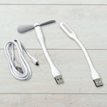 The Portable USB Fan Set components laid out, including the fan, light, and micro USB cable.