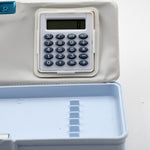 Fun art-themed magnetic pencil box with an integrated calculator and sharpener.