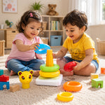 A happy toddler playing with the educational jumbo stacking rings toy.