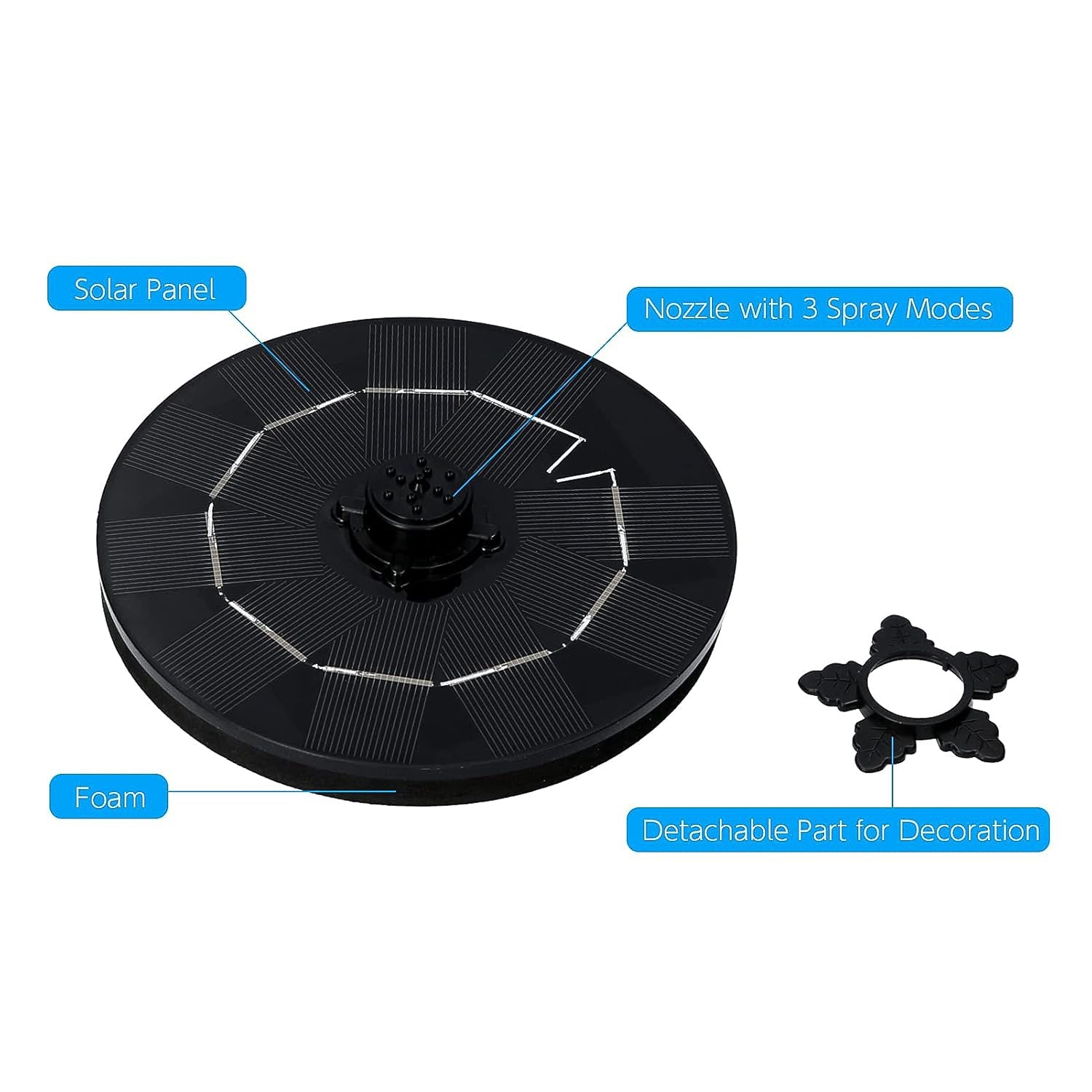 An overhead view of the solar floating water fountain operating in a small, decorative pond.