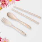 All components of the 6-piece Wheat Straw Rice Bowl Set, including bowl, lid, handle, and cutlery.