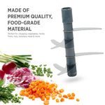 Detail of the manual chopper's six sharp stainless steel blades and integrated safety lock.