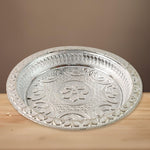 Lightweight plastic pooja thali with traditional silver tone finish