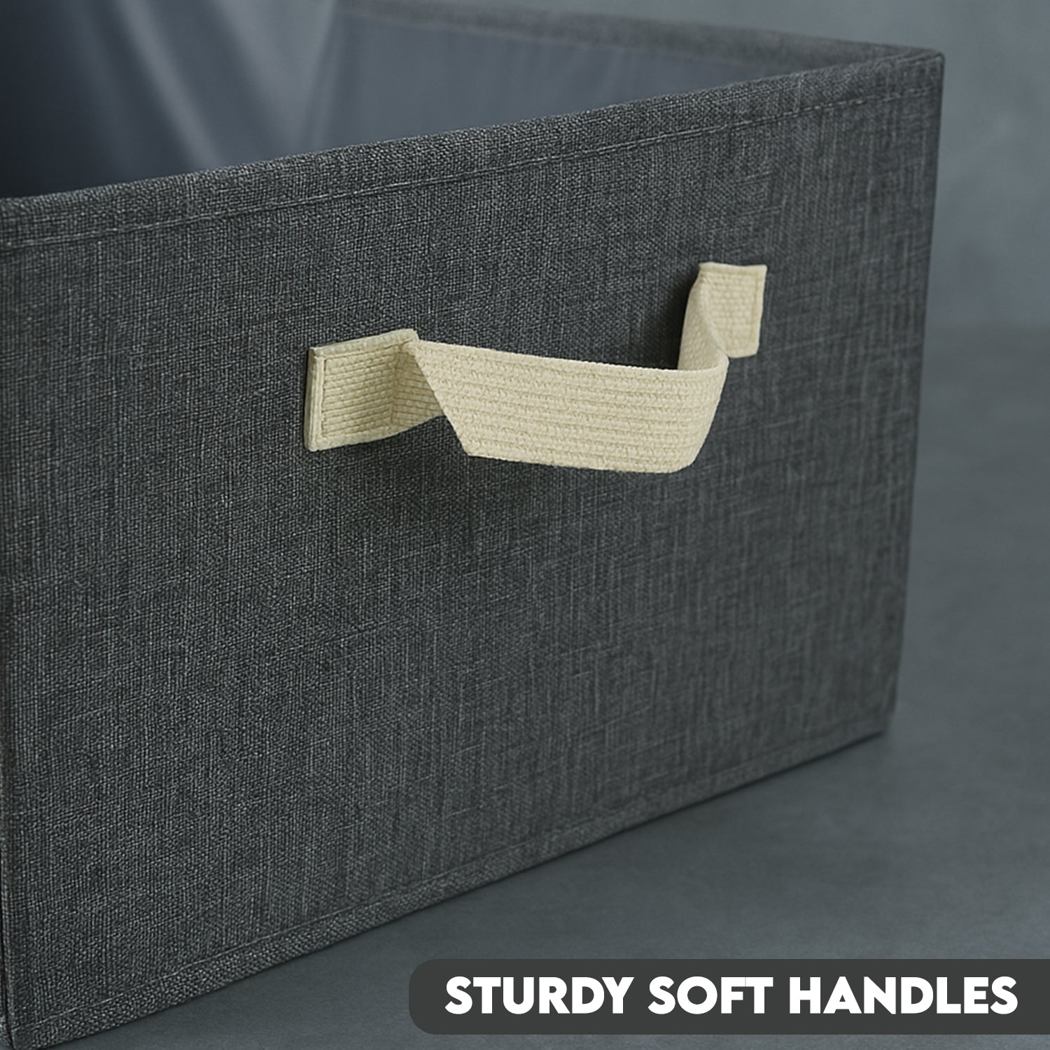 Durable cotton and linen blend collapsible storage basket with strong handles.