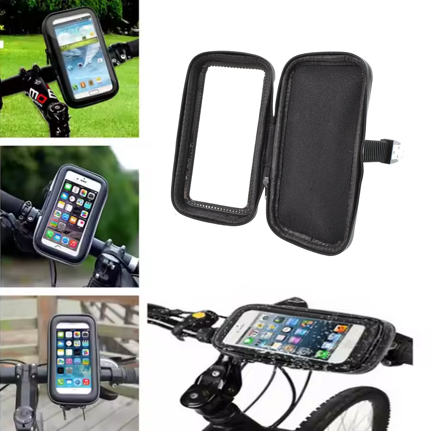 Rider easily operating a phone through the touch-sensitive screen of the bike holder.