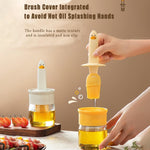 A 2-in-1 oil dispenser bottle with silicone basting brush shown in use for cooking.