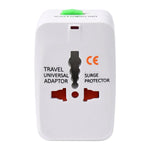 Close-up of universal travel adapter sockets and LED surge protection indicators