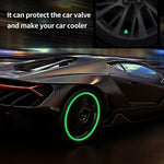 Radiant luminous tyre valve caps installed on vehicle wheels enhancing night visibility