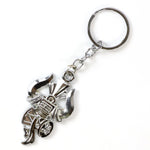 Keychain showcasing spiritual Trishul and Damru symbols with silver finish