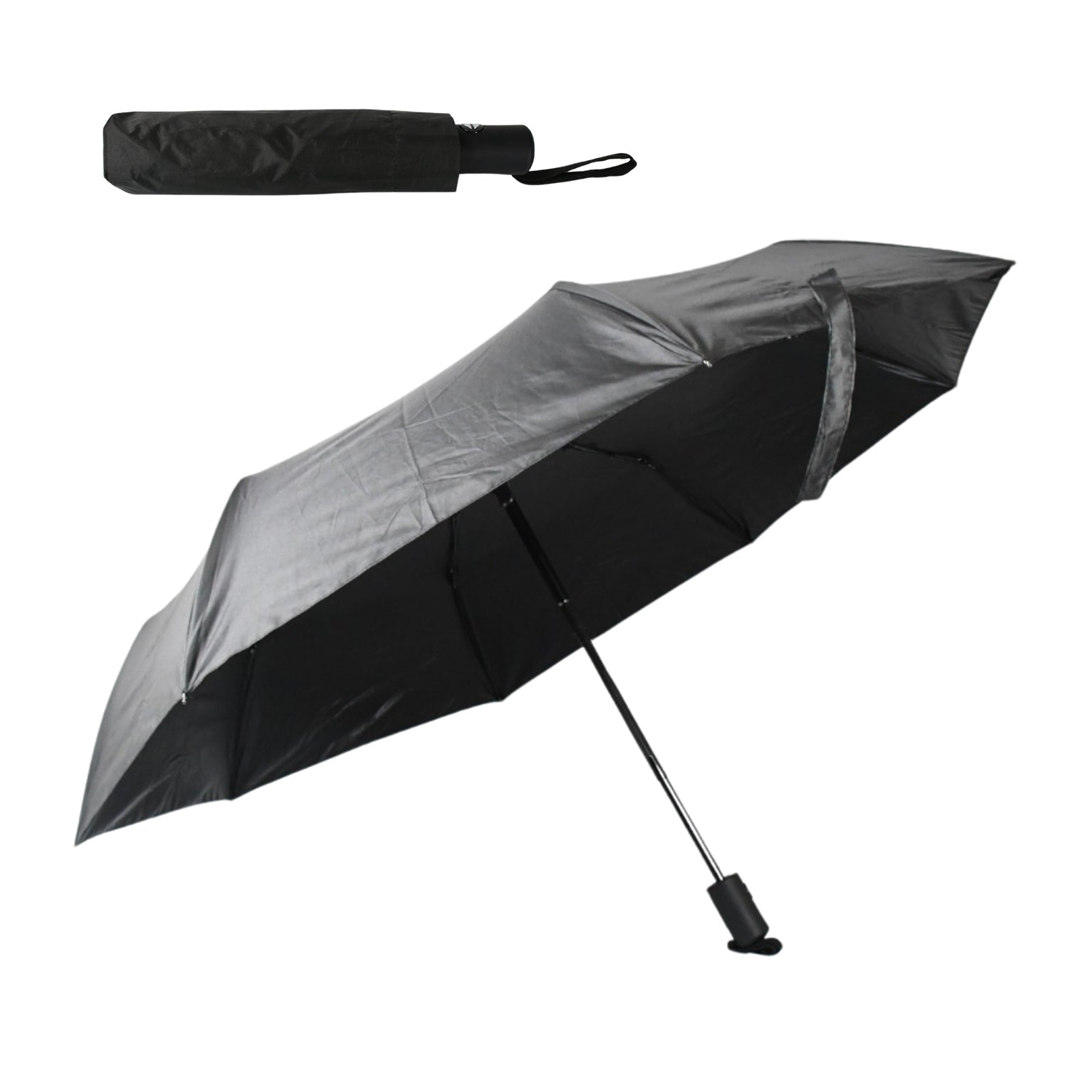 Close-up of the ergonomic, slip-proof handle of the compact umbrella with a wrist strap.
