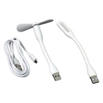 A compact Portable USB Fan Set with a mini fan, LED light, and micro USB cable, shown ready for use.