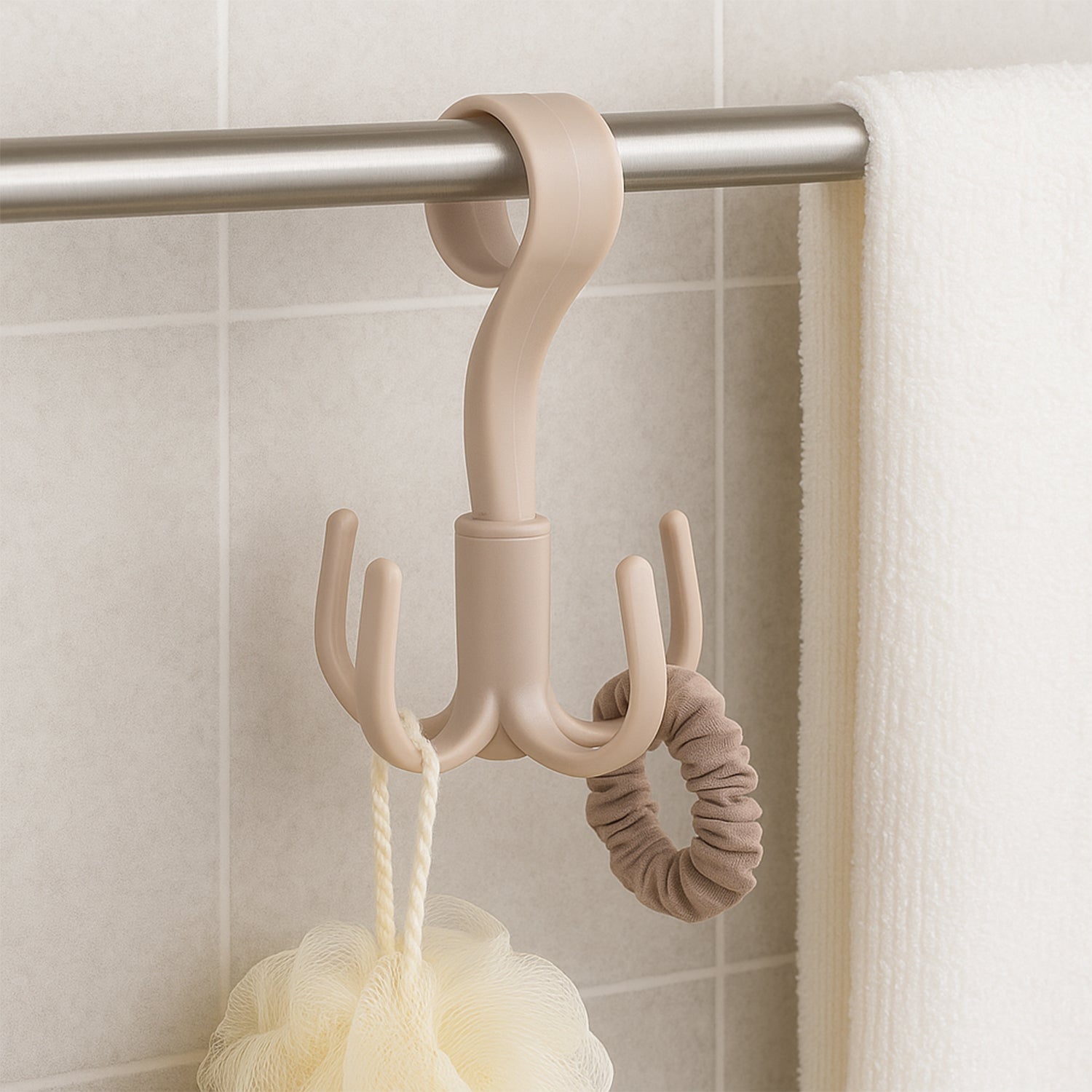 Multi-use swivable hook rack for hanging belts, caps, and kitchen tools