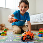 Side view of kids' launcher racing bike toy showing detailed design