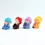 Decorative resin monk Buddha figurines set with straw hat accents for tabletop or dashboard display