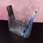 Close-up view of crystal-clear multipurpose organizer holder with compartments