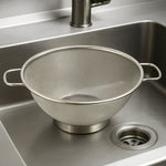Side profile of stainless steel strainer colander with comfortable handles