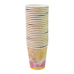 A set of 24 mixed design disposable paper cups, highlighting the variety of patterns.