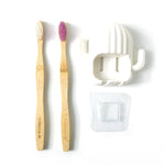 Bathroom organizer set with wall mounted toothbrush holder and bamboo brushes