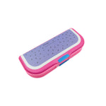 Brightly colored cartoon pencil case with two compartments, ideal for school children.