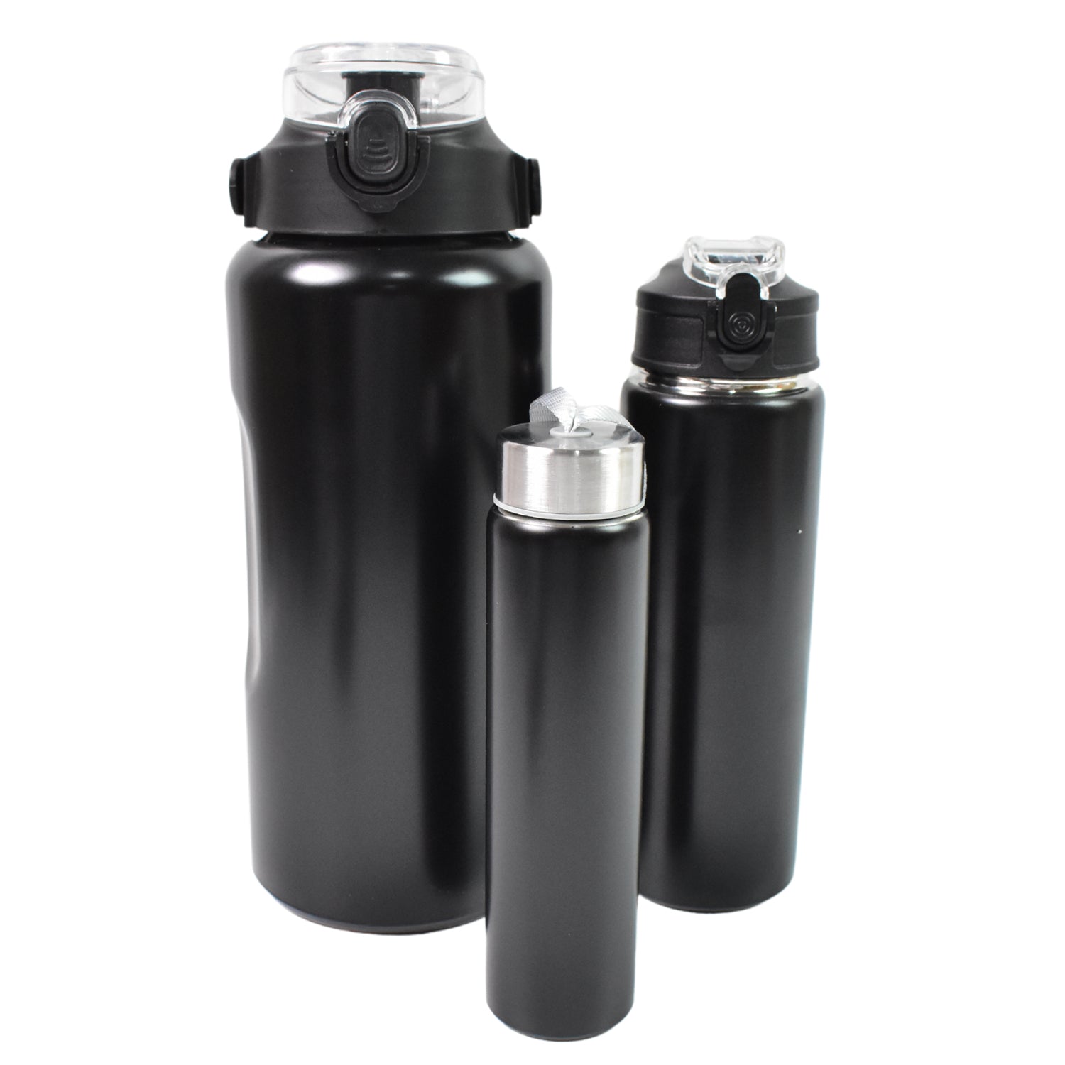 Set of three Stainless Steel Insulated Water Bottles in varying sizes for different uses.