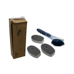 The Soap Dispensing Dish Brush handle with its three distinct refill replacement heads.