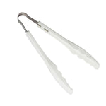 Plastic handle kitchen tongs securely gripping a slice of bread.