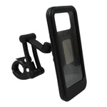 Waterproof bike phone mount with a smartphone inside, mounted on a bicycle for a ride.