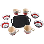 Full set of ceramic cups, glass bowls, and plastic serving plate