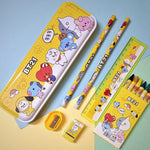 Overhead view of the 12-piece school supply kit for kids, including sharpener and pencil.