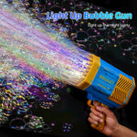 The charging port and cable for the powerful rechargeable bubble gun are highlighted.