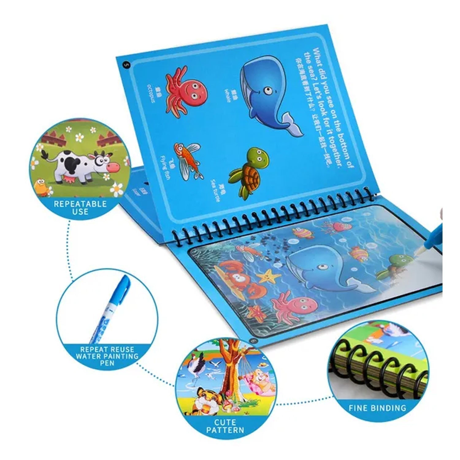 Top-down view of the Magic Water Coloring Book open with a water-filled pen.