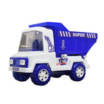 The dumper truck's container tilted up, ready to unload, demonstrating its openable feature.