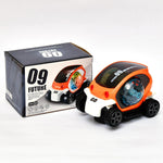 Front-angle view of the red rotating stunt car toy, detailing its sleek design and light placement.
