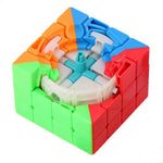 Kids and adults collaboratively engaged with the challenging 4x4x4 magic cube puzzle.
