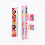 The full 5-piece cartoon stationery set neatly arranged on a white surface.