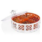 Decorative 4-section dry fruit box featuring a polished silver finish.