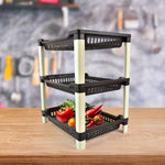 Plastic storage rack side view highlighting tier spacing