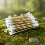 Bamboo toothbrush accompanied by cotton buds for personal care