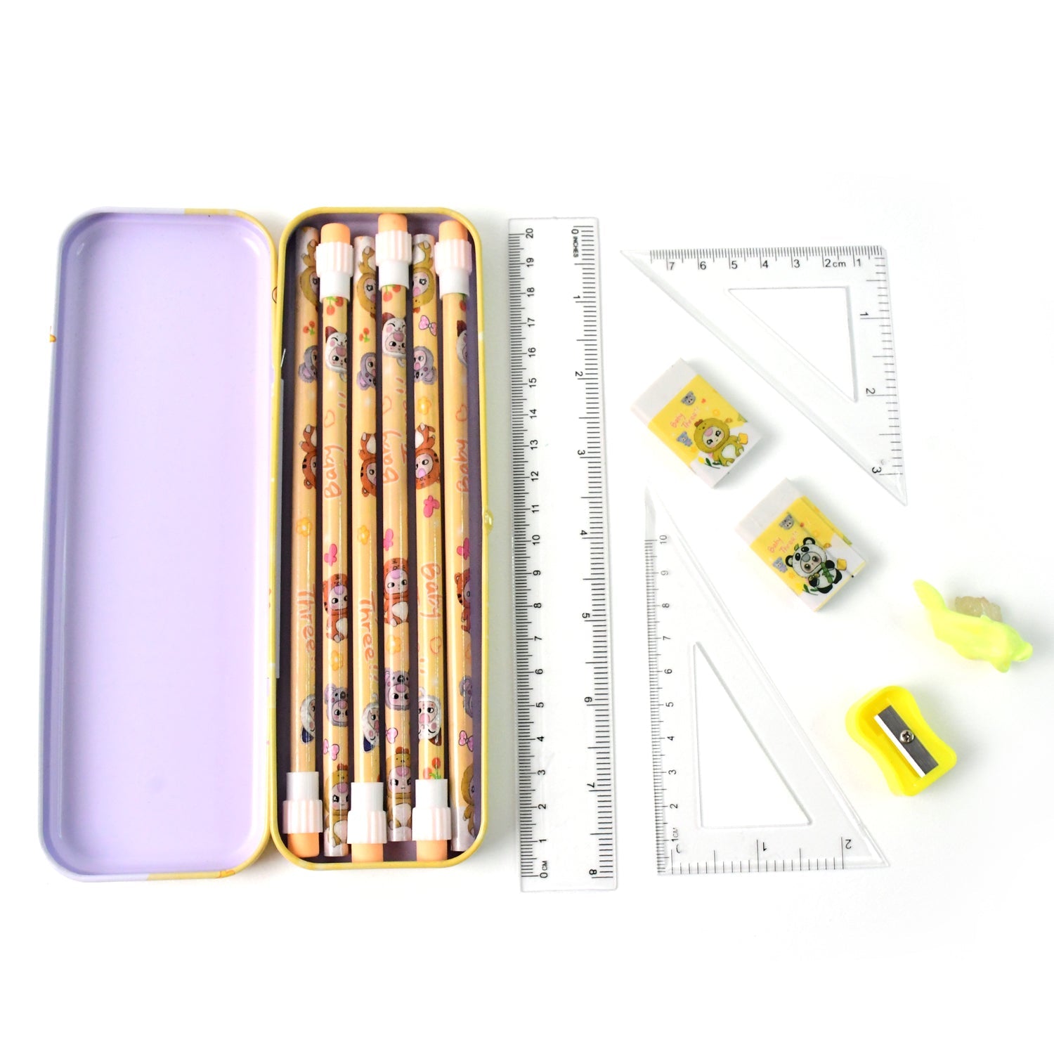 Stationery geometry box set components neatly arranged for school use