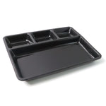 Stackable design of plastic rectangular 4-compartment meal tray for easy storage.