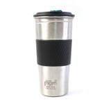 Insulated stainless steel travel tumbler with heat-safe grip sleeve