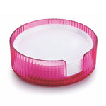 Stack of six plastic coasters, ready to safeguard your furniture from spills.