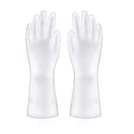 Heavy-duty cleaning gloves in use for bathroom scrubbing.